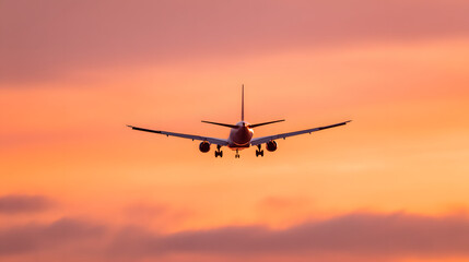 Passenger airplane against sunset sky, journey into vibrant horizons