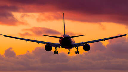 Obraz premium Passenger airplane against sunset sky, journey into vibrant horizons
