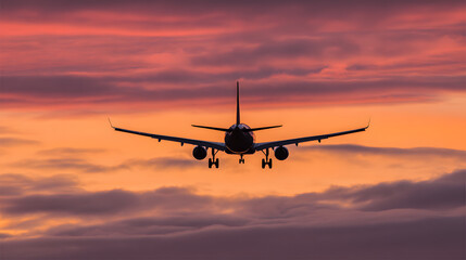 Fototapeta premium Passenger airplane against sunset sky, journey into vibrant horizons