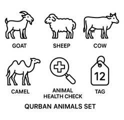 Eid al-Adha Qurban Animals Icon Set – Goat, Sheep, Cow, Camel, Health Check, Tag – Islamic Line Art Vector