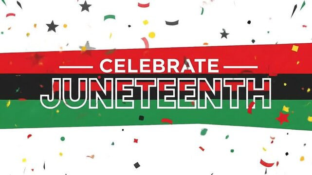 Juneteenth Celebration: Festive Animation of Freedom, Emancipation, and Joyful Commemoration with Bursting Confetti and Bold Colors Against a Clean White Backdrop, Promoting Unity and Cultural