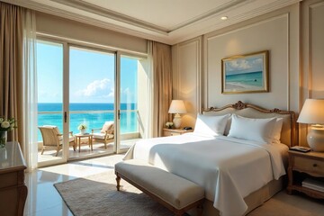 A lavish suite with ocean views, featuring a private balcony, plush bedding, and a spacious marble bathroom Perfect for a romantic getaway , luxurious, paradise, breathtaking