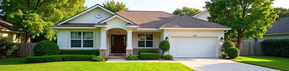 Charming suburban single family home with mature landscaping, inviting front porch, and attached garage Perfect for family living, peaceful neighborhood Ideal for real estate listings , garage, lawn