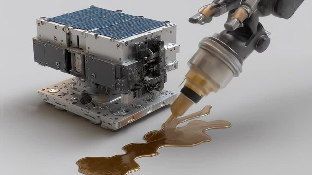 Robotic arm precisely applying cold spray coating to cubesat surface, demonstrating advanced aerospace engineering and technology for space maintenance