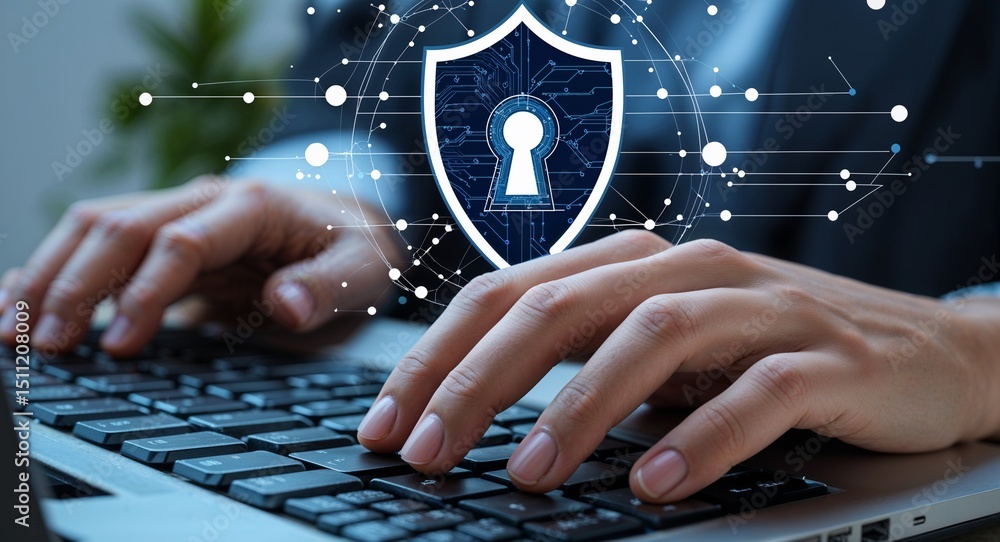 Poster typing on computer keyboard with security logo glowing