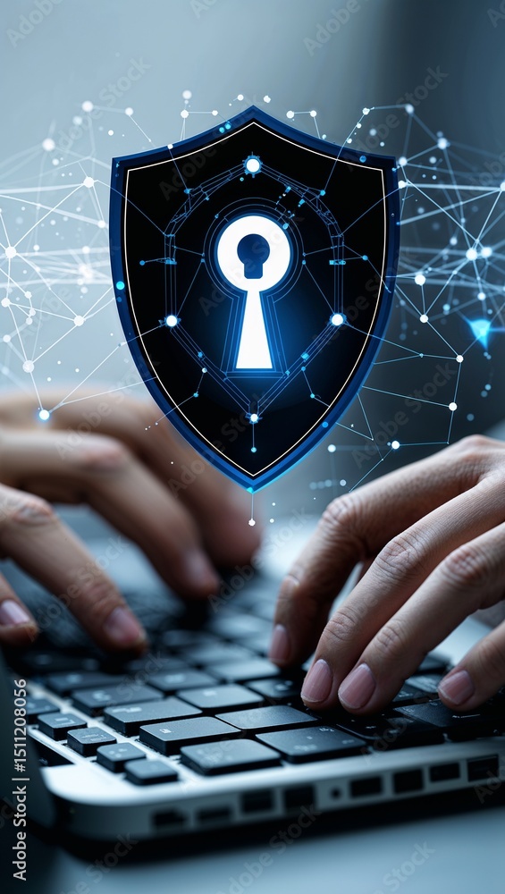 Aufkleber typing on computer keyboard with security logo glowing