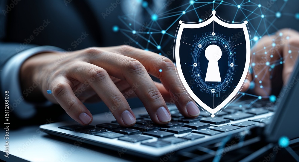 Poster typing on computer keyboard with security logo glowing