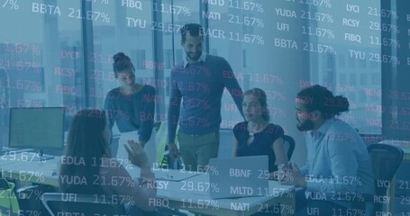 Presenter revealing laptop data on click financial data overlay guiding colleagues analyzing charts - Powered by Adobe