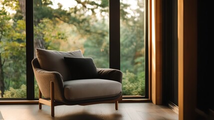 Fototapeta premium A chair is sitting in front of a window with a view of trees