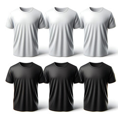 Set of blank t-shirts in white and black. White t-shirts and black t-shirts displayed front and back. Simple, plain t-shirts for casual wear.  Tee isolated on white background.