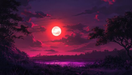 Fototapeta premium Crimson moonrise over a tranquil, dark purple landscape with silhouetted trees framing a still body of water