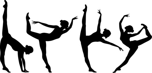 Female Dancer Silhouettes in Elegant Ballet and Gymnastics Poses, Vector Art Collection
