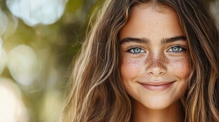 Fototapeta premium A beautiful young girl with freckles smiles brightly at viewer