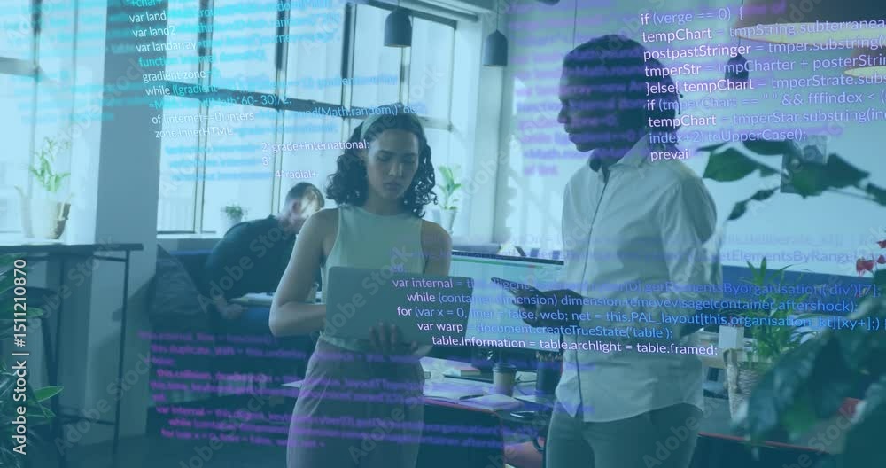 Poster developer scrolling laptop triggers code overlay while colleague referencing tablet debugging code