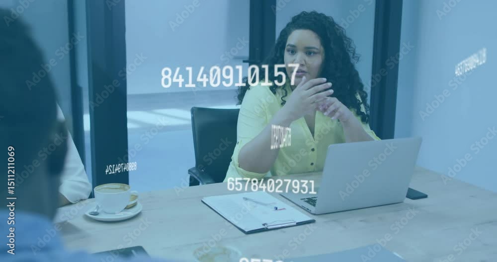 Poster Presenter using gestures explaining key figures after numeric overlays show during business meeting