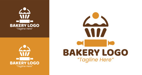 Premium Bakery Logo with Elegant Cupcake and Rolling Pin