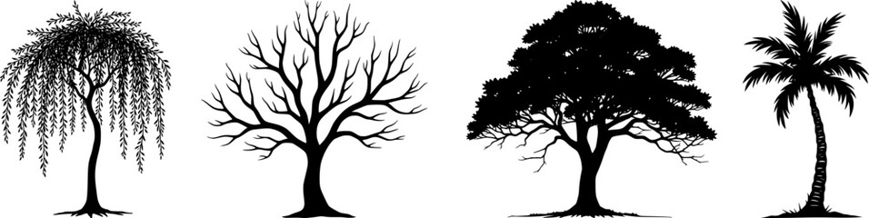 Silhouette Set of Diverse Tree Types – Black Vector Illustrations of Willow, Bare Tree, Oak, and Palm for Nature, Forest Design, Landscaping, and Seasonal Concepts
