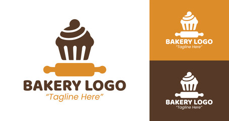 Simple and Elegant Bakery Logo with Rolling Pin and Cupcake