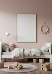Realistic Bedroom Interior with Blank Frame Wall Artwork and Toys