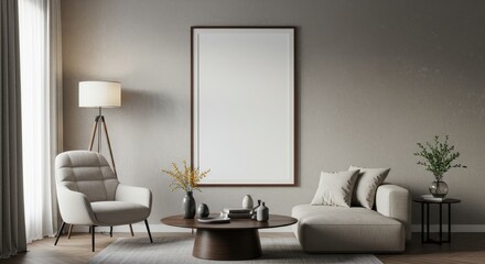 Realistic Beige Interior Design with Empty Frame Living Room Decor