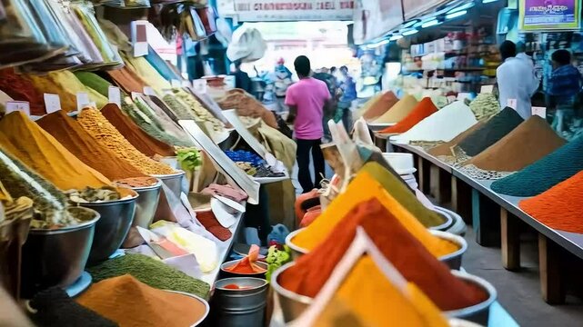 Indian woman in traditional attire tends to her vibrant display of spice powders in a bustling marketplace