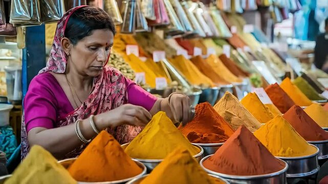 Indian woman in vibrant sari arranges colorful spice powders at a bustling market stall