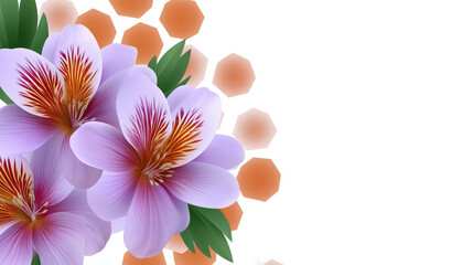 Obraz premium Purple flower with green leaves and orange geometric prisms on simple white background, creating fresh and elegant floral design with modern touch