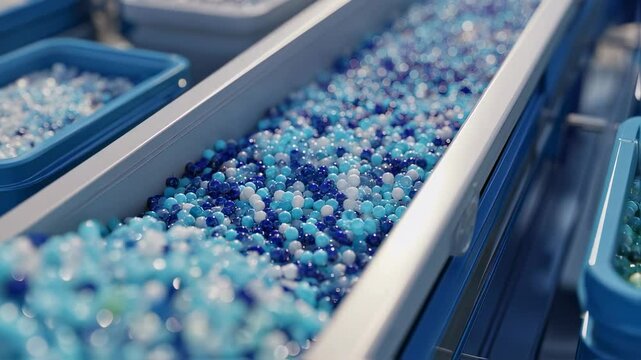 Small plastic beads move along a conveyor belt in a plastic recycling factory, collecting in blue containers, demonstrating a circular economy