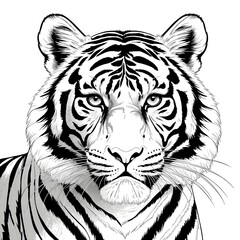 Tiger head is shown in a black and white drawing. 