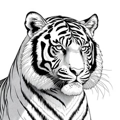 Tiger head is shown in a black and white drawing. 