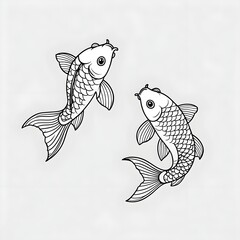Two fish swimming in the water. The fish are shown in a black and white drawing. 