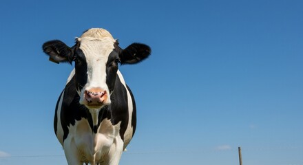 Cow standing in field under blue sky for agriculture farming, dairy industry.