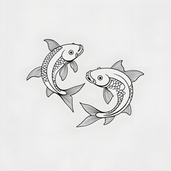 Two fish swimming in the water. The fish are shown in a black and white drawing. 