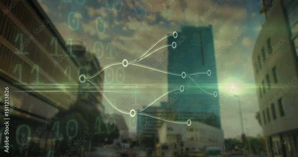 Poster green scanning beam sweeping over network diagram illuminating nodes and binary digits pulsing