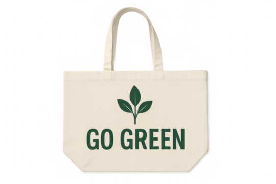 Eco-friendly tote bag featuring go green message and leaf symbol, promoting sustainability on a transparent background