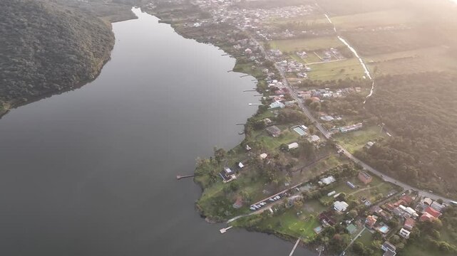 Florianopolis in Santa Catarina during a wonderful sunrise. Mo&ccedil;ambique Beach in aerial view.