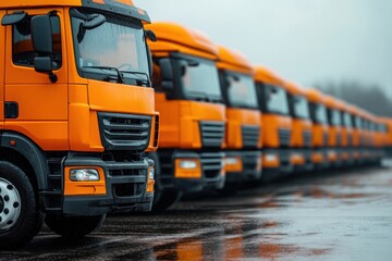 A row of orange trucks parked on a wet surface, lined up outdoors in overcast weather.