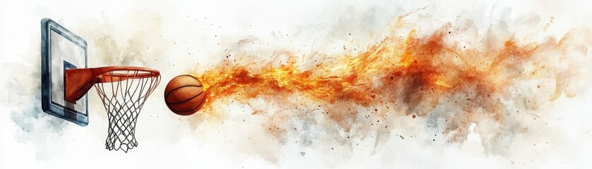 A basketball with a fiery trail flies toward a hoop, symbolizing dynamic energy and action in the game.