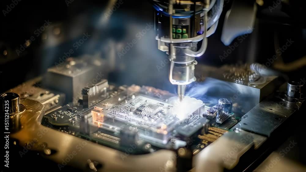 Poster robotic arm performing precise cold spray maintenance on cubesat circuitry, creating dramatic light 
