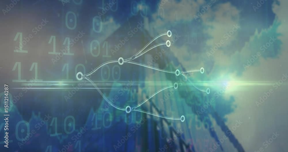 Poster single glowing node appearing left initiating lines connecting central node and pulsing data flow