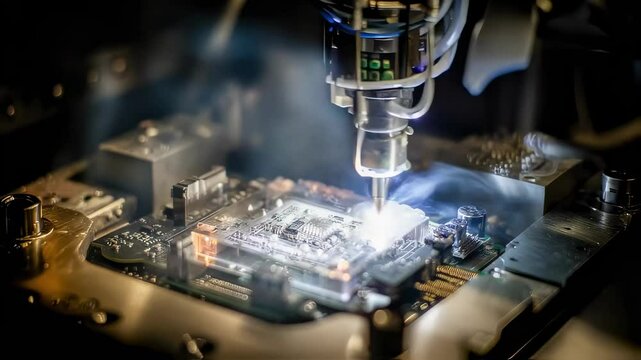 Robotic arm performing precise cold spray maintenance on cubesat circuitry, creating dramatic light and metal contrast in high tech laboratory environment