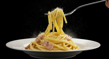 Delicious creamy carbonara pasta dish with bacon and cheese eat food fork meal fork meal lunch plate