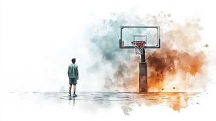 A young basketball player stands alone on a court, gazing at the hoop, surrounded by colorful artistic splashes.