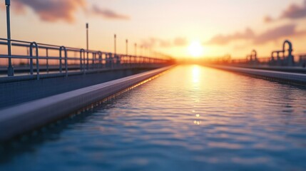 Fototapeta premium A serene swimming pool stretches toward the horizon, reflecting the warm glow of a beautiful sunrise or sunset.