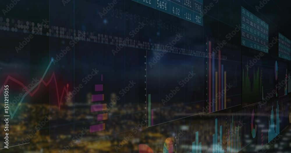Poster on start, charts unfolding across skyline bar pie histogram line and ticker updating market trends