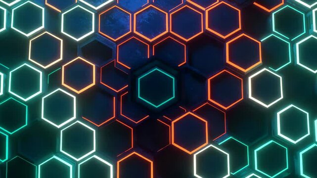 Neon hexagonal pattern in vibrant colors on a dark background  
