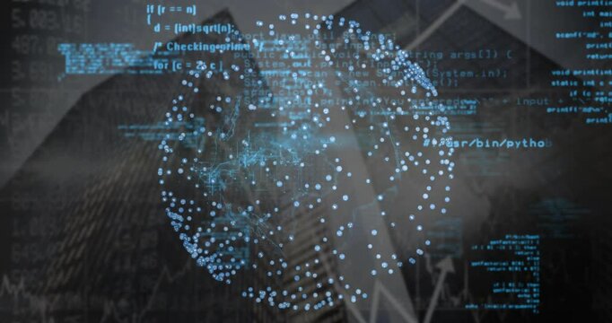 Opening showing data globe hovering while code scrolling and graph emerging showing live processing