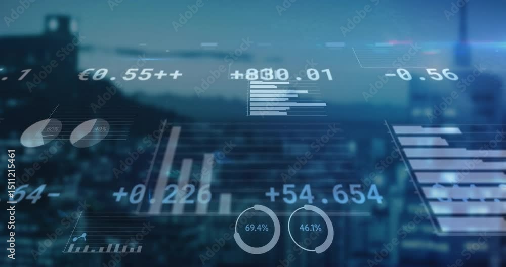 Poster blurred skyline appearing causing data overlay floating bars rings updating to visualize market