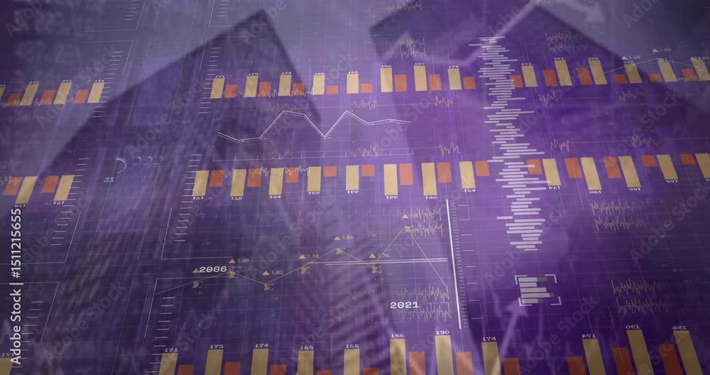 Poster on start overlay expanding revealing gold red bars line charts animating for data trend display