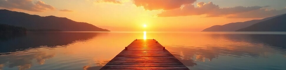 Serene sunrise over a tranquil dock extending into calm water, bathed in the warm golden light of the new day Perfect for travel, nature, and peaceful themes , river, clouds, tranquil